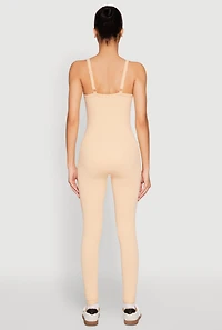 Womens Daisy Seamless Ribbed Knit Catsuit, Beige, Size S