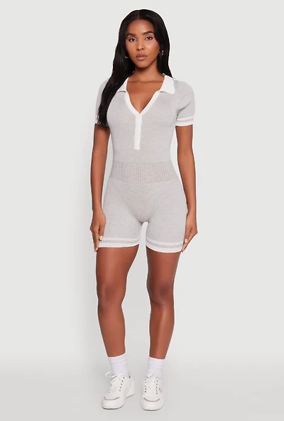 Womens Daisy Ribbed Knit Varsity Stripe Button Front Romper, L