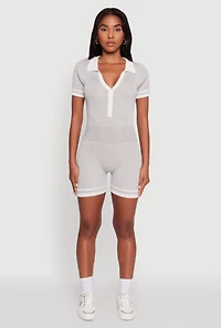 Womens Daisy Ribbed Knit Varsity Stripe Button Front Romper, Grey,