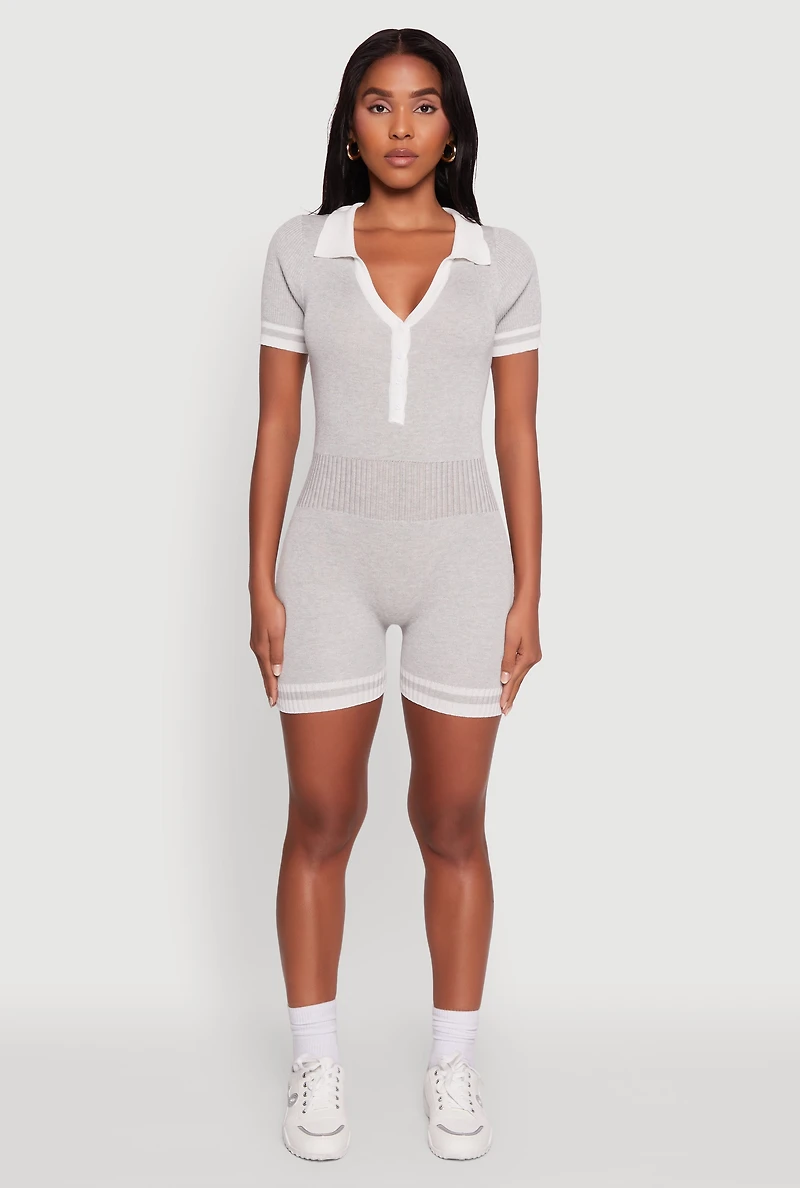 Daisy Ribbed Knit Varsity Stripe Button Front Romper