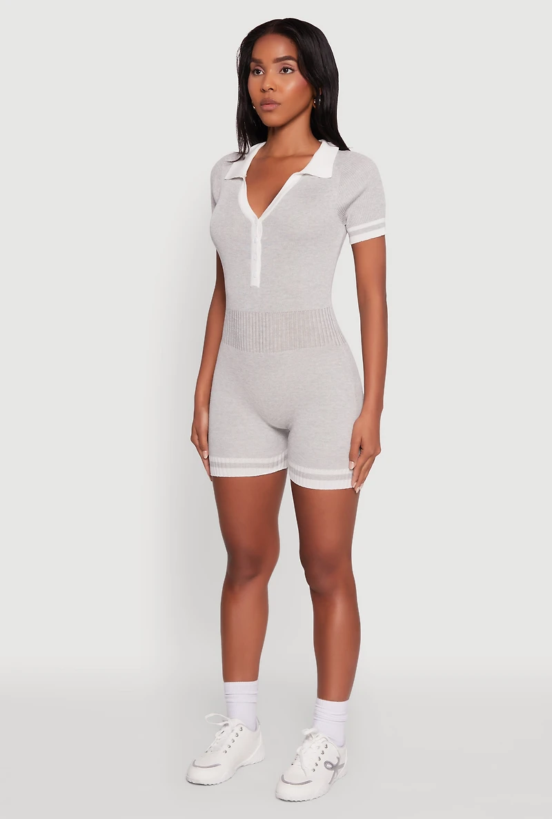 Womens Daisy Ribbed Knit Varsity Stripe Button Front Romper, Grey,