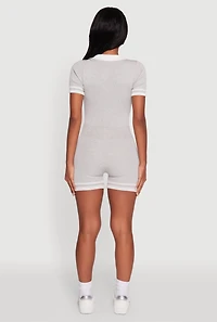 Womens Daisy Ribbed Knit Varsity Stripe Button Front Romper, Grey,