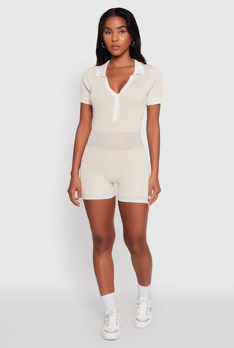 Womens Daisy Ribbed Knit Varsity Stripe Button Front Romper,