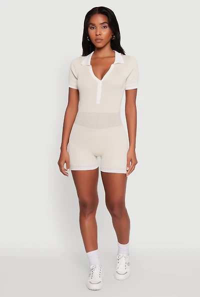 Womens Daisy Ribbed Knit Varsity Stripe Button Front Romper,