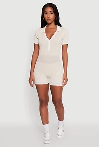 Womens Daisy Ribbed Knit Varsity Stripe Button Front Romper,