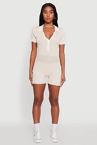Womens Daisy Ribbed Knit Varsity Stripe Button Front Romper,