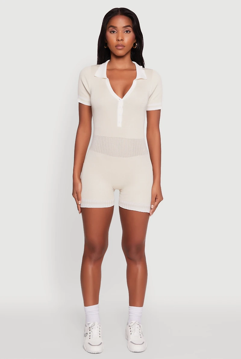 Womens Daisy Ribbed Knit Varsity Stripe Button Front Romper,