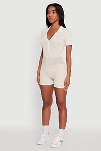 Womens Daisy Ribbed Knit Varsity Stripe Button Front Romper,