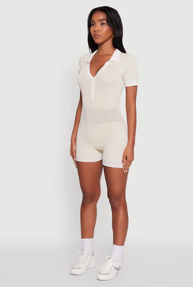 Womens Daisy Ribbed Knit Varsity Stripe Button Front Romper,