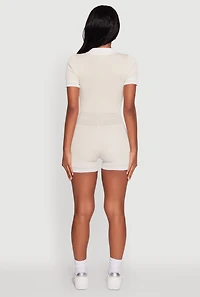 Womens Daisy Ribbed Knit Varsity Stripe Button Front Romper,