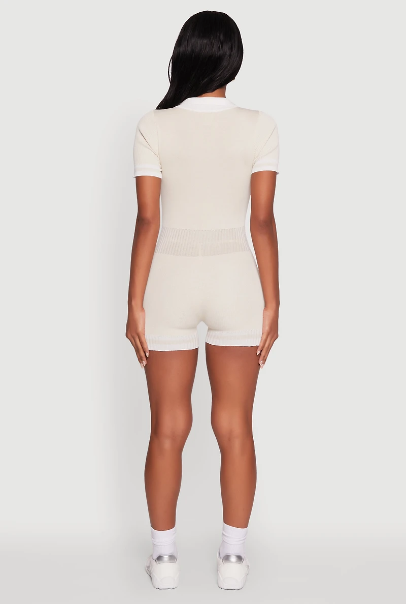 Womens Daisy Ribbed Knit Varsity Stripe Button Front Romper,