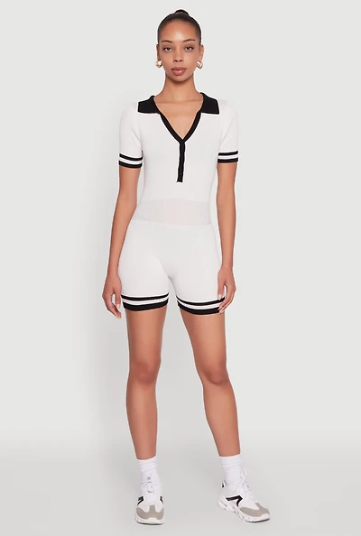 Daisy Ribbed Knit Varsity Stripe Button Front Romper