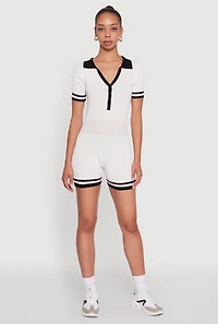 Daisy Ribbed Knit Varsity Stripe Button Front Romper