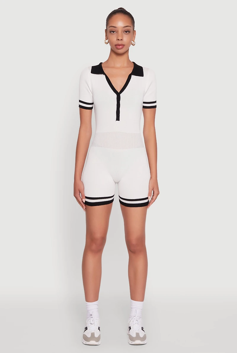Daisy Ribbed Knit Varsity Stripe Button Front Romper