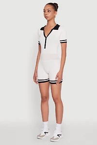 Daisy Ribbed Knit Varsity Stripe Button Front Romper