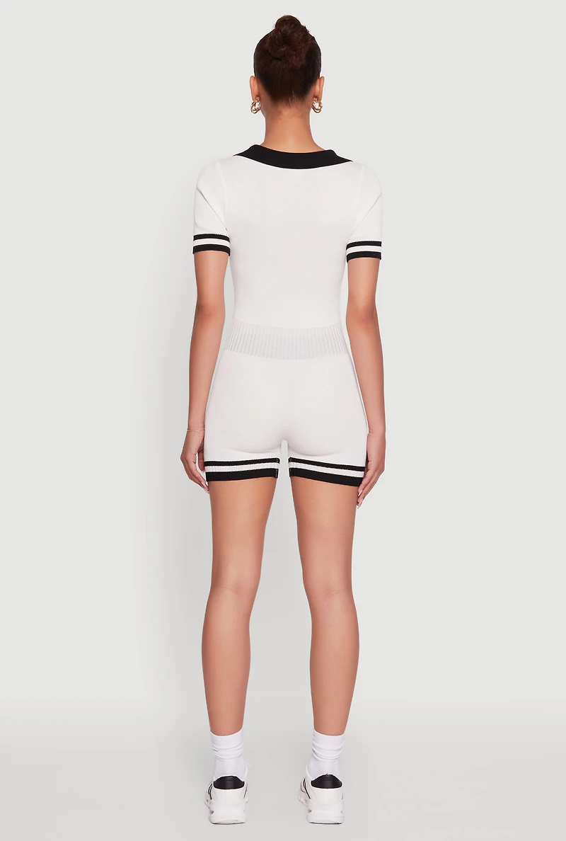 Daisy Ribbed Knit Varsity Stripe Button Front Romper