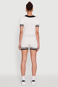 Daisy Ribbed Knit Varsity Stripe Button Front Romper