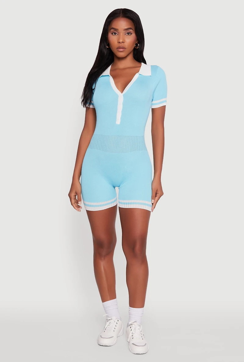 Womens Daisy Ribbed Knit Varsity Stripe Button Front Romper, Blue, Size M