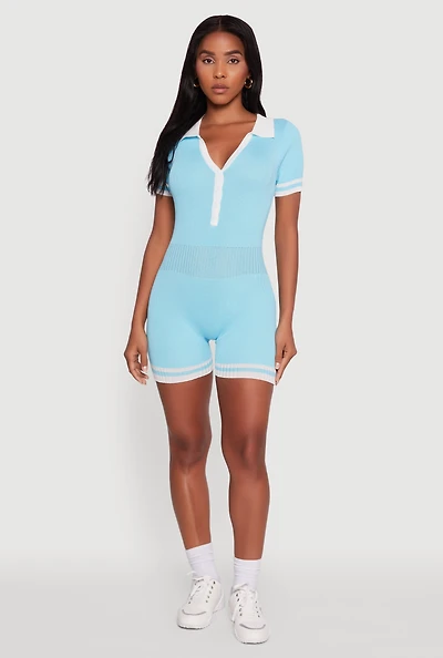 Womens Daisy Ribbed Knit Varsity Stripe Button Front Romper, Blue, Size M