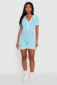 Womens Daisy Ribbed Knit Varsity Stripe Button Front Romper, Blue, Size M