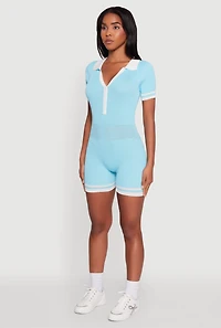 Womens Daisy Ribbed Knit Varsity Stripe Button Front Romper, Blue, Size M