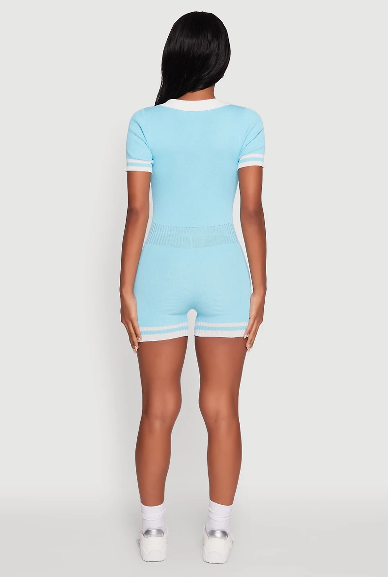 Womens Daisy Ribbed Knit Varsity Stripe Button Front Romper, Blue, Size M