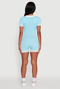 Womens Daisy Ribbed Knit Varsity Stripe Button Front Romper, Blue, Size M