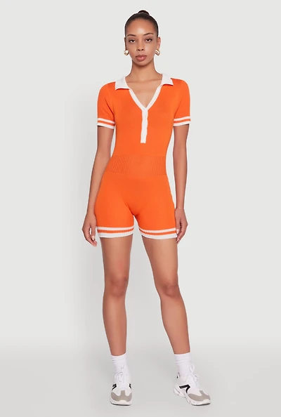 Womens Daisy Ribbed Knit Varsity Stripe Button Front Romper, Orange, Size S