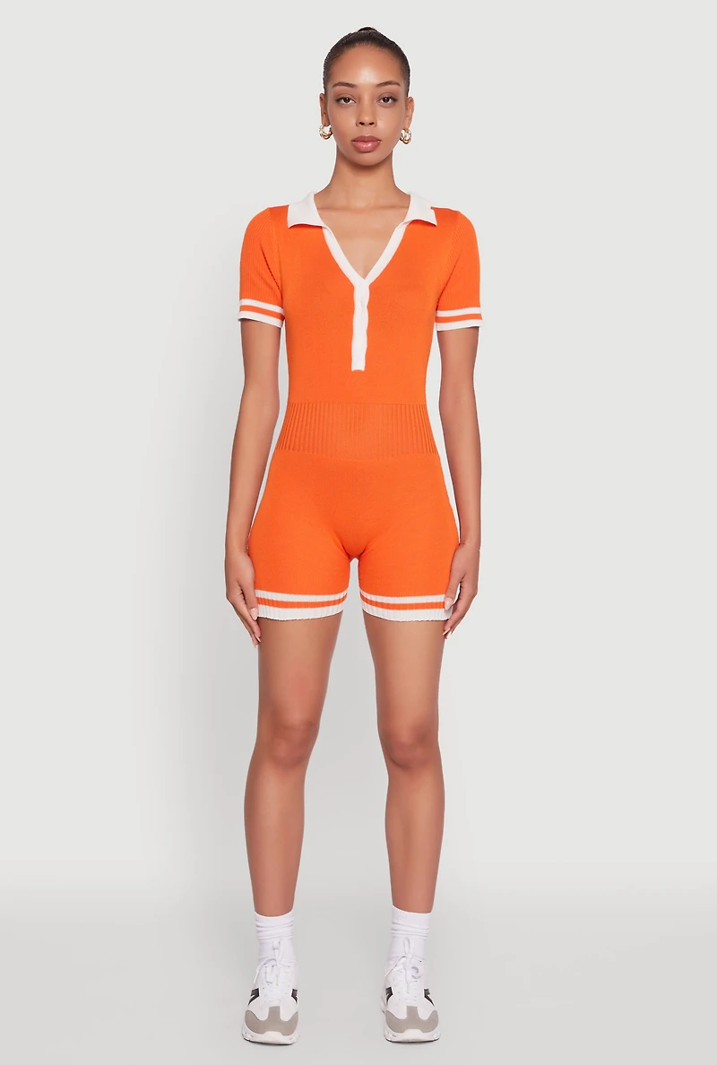 Womens Daisy Ribbed Knit Varsity Stripe Button Front Romper, Orange, Size S