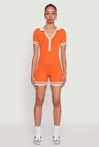 Womens Daisy Ribbed Knit Varsity Stripe Button Front Romper, Orange, Size S