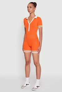 Womens Daisy Ribbed Knit Varsity Stripe Button Front Romper, Orange, Size S