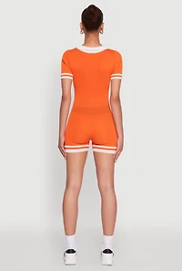 Womens Daisy Ribbed Knit Varsity Stripe Button Front Romper, Orange, Size S