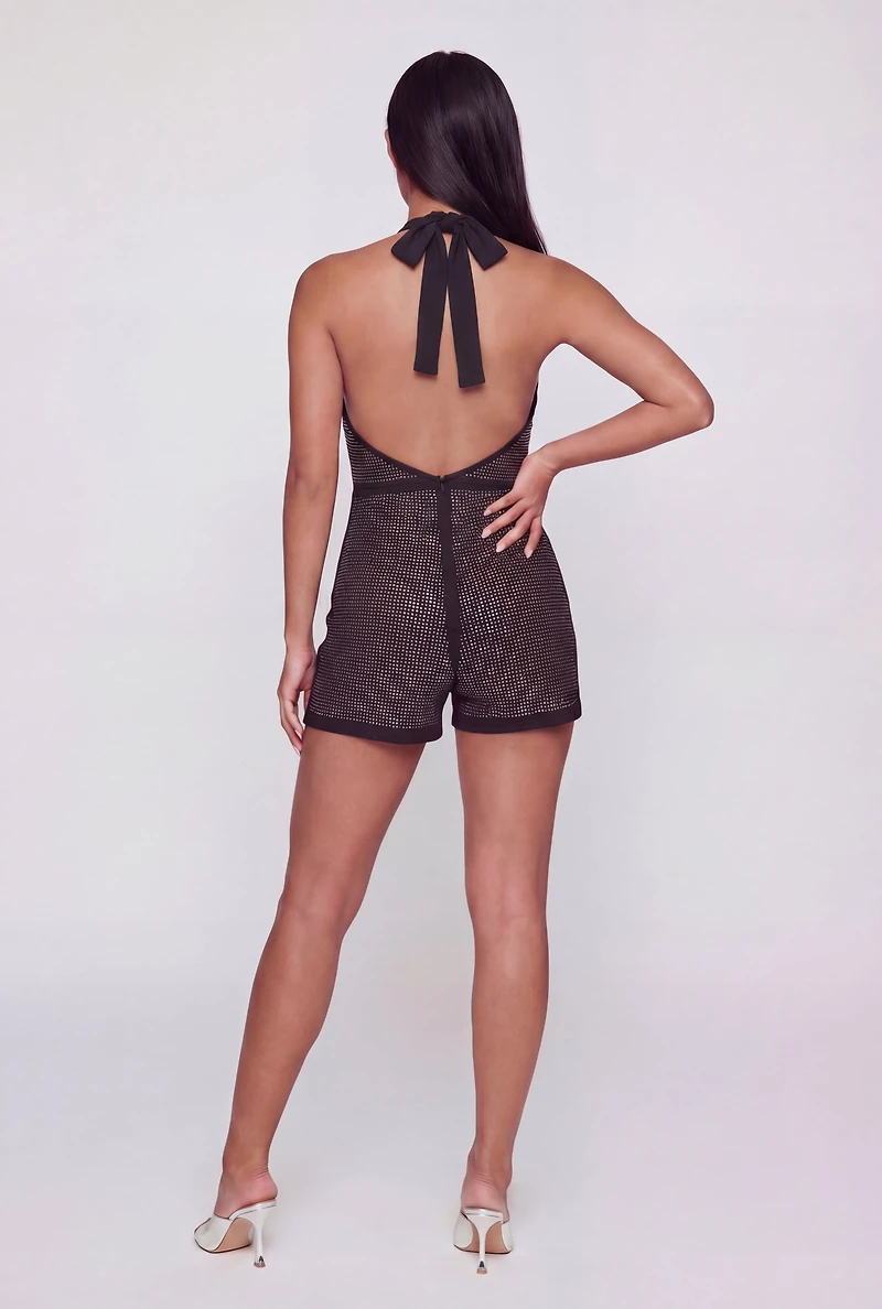 Rhinestone Plunge Halter Romper