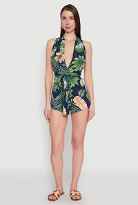 Womens Haute Monde Tropical Print Tie Waist Romper, Multi,