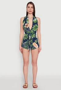 Womens Haute Monde Tropical Print Tie Waist Romper, Multi,