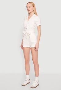 Womens Haute Monde Tie Waist Belted Romper, White, Size S