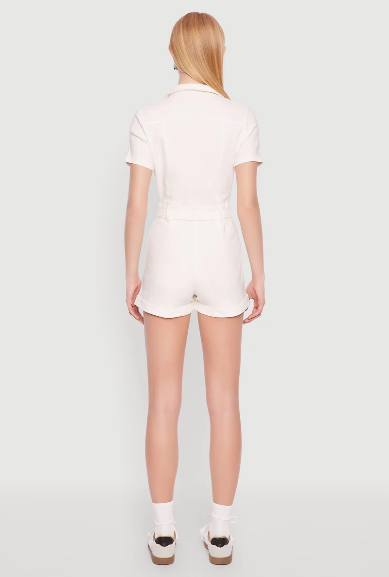 Womens Haute Monde Tie Waist Belted Romper, White, Size S