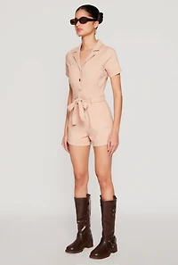 Womens Haute Monde Tie Waist Belted Romper, Pink, Size M