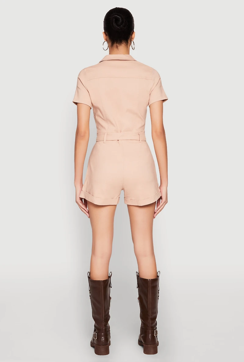 Womens Haute Monde Tie Waist Belted Romper, Beige, Size S