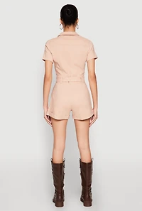 Womens Haute Monde Tie Waist Belted Romper, Beige, Size S