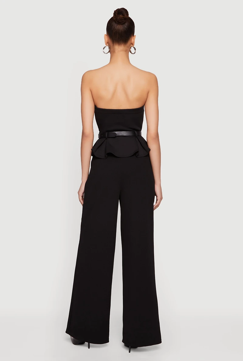 Crepe Knit Belted Peplum Top Wide Leg Jumpsuit