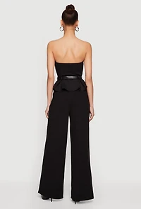 Crepe Knit Belted Peplum Top Wide Leg Jumpsuit