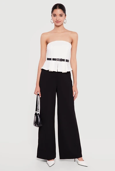 Crepe Knit Belted Peplum Top Wide Leg Jumpsuit