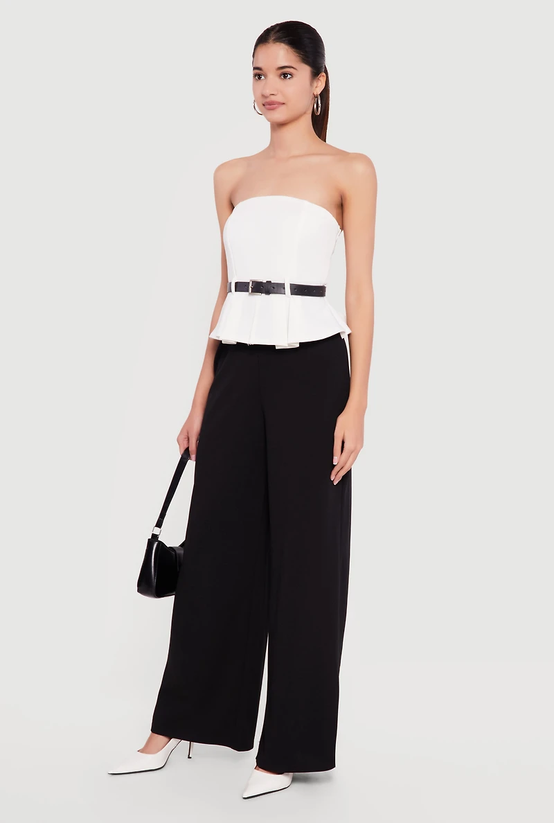 Crepe Knit Belted Peplum Top Wide Leg Jumpsuit