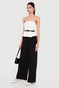 Crepe Knit Belted Peplum Top Wide Leg Jumpsuit
