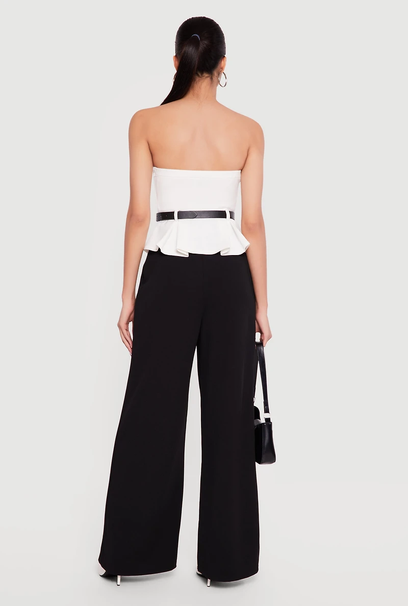 Crepe Knit Belted Peplum Top Wide Leg Jumpsuit