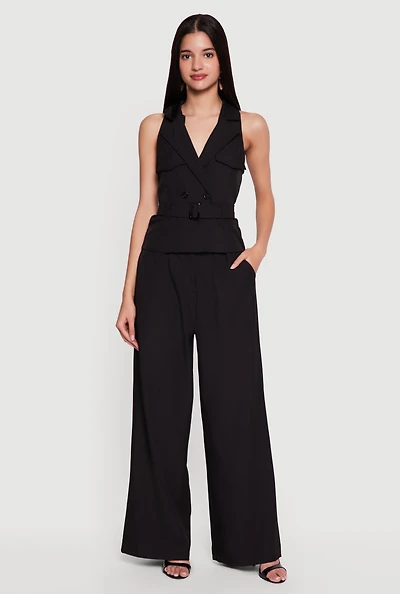 Collared Wide Leg Jumpsuit with Belt