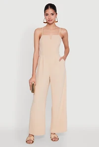 Womens Crepe Knit Pleated Jumpsuit, Beige, Size L