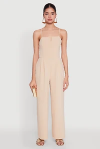 Womens Crepe Knit Pleated Jumpsuit, Beige, Size L