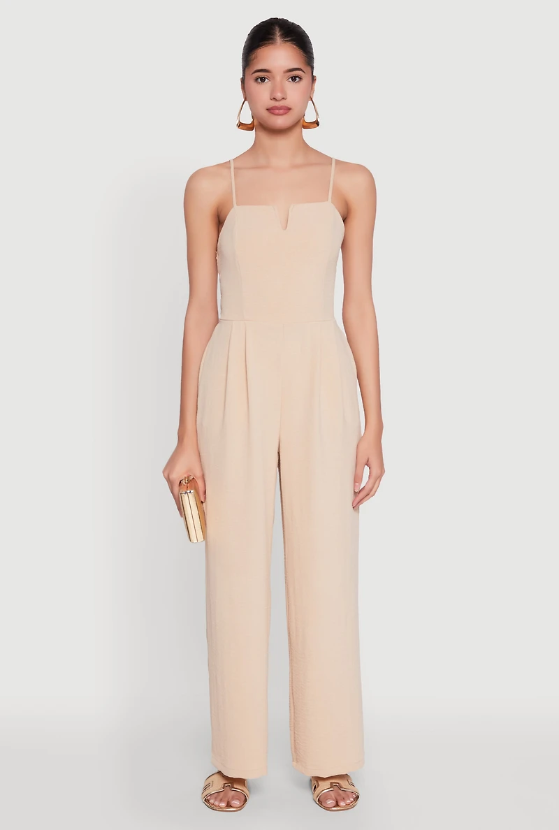 Womens Crepe Knit Pleated Jumpsuit, Beige, Size M